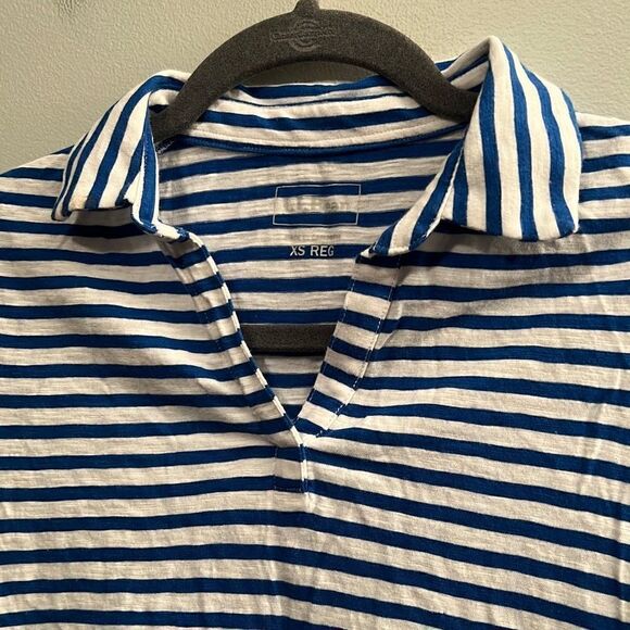 L.L. Bean Blue White Striped Top Polo Collar V-Neck - Picture 2 of 4